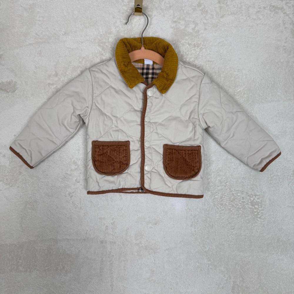 Old Navy Toddler Quilted Barn Jacket Cream Brown Corduroy 12-18M Flannel Lined